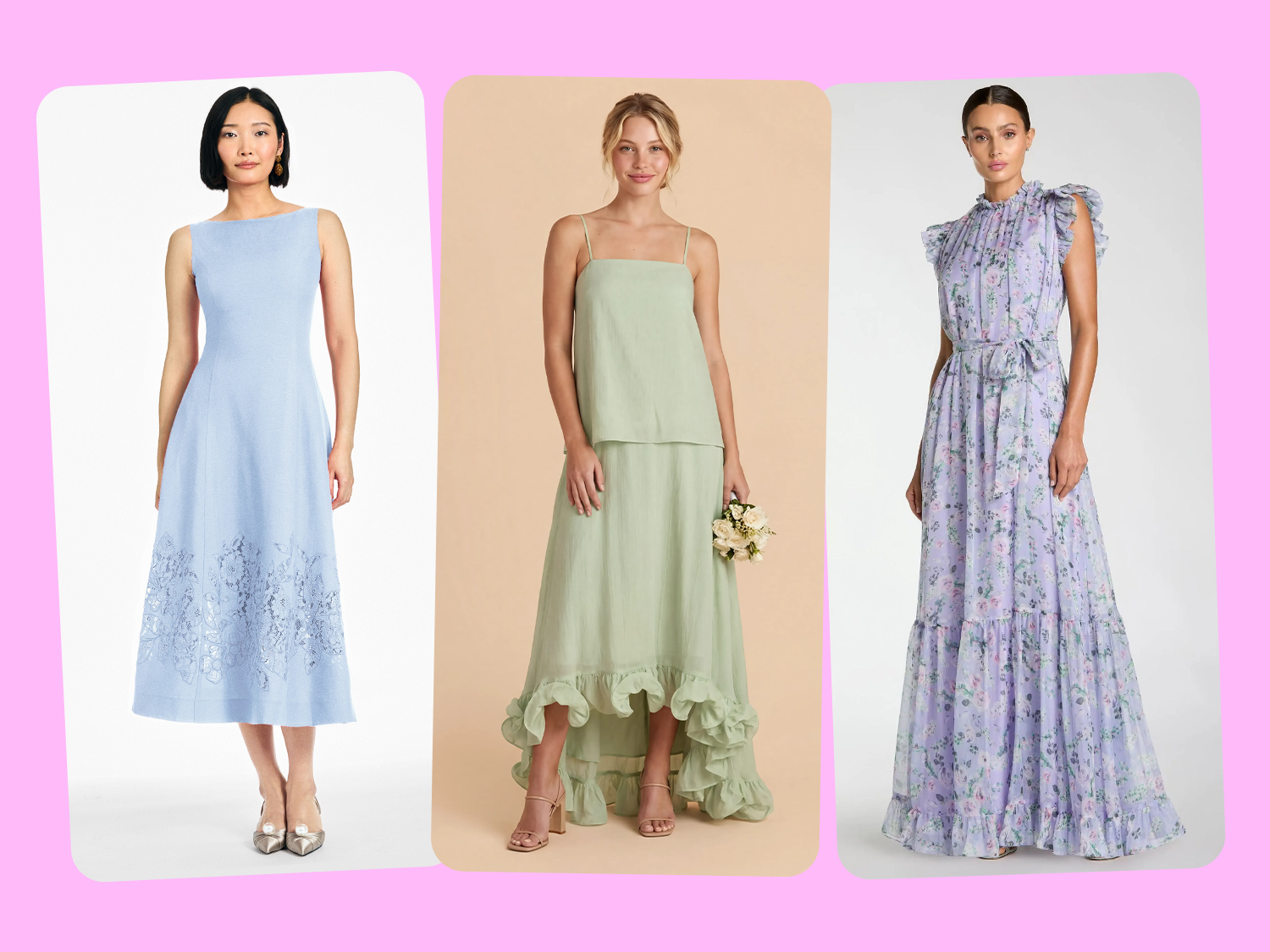 Three summer mother-of-the-bride or mother-of-the-groom dresses in blue and floral