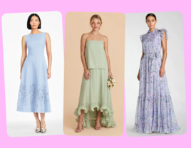 Three summer mother-of-the-bride or mother-of-the-groom dresses in blue and floral