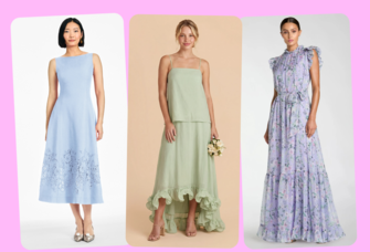 Three summer mother-of-the-bride or mother-of-the-groom dresses in blue and floral