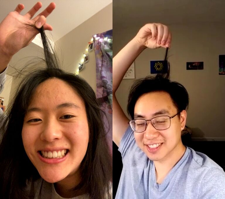 A long year of many, many silly video calls as Sunny started her Master's in Anesthesia and Evan did his Master's in Electrical Engineering. Here we are demonstrating what Evan's cowlick (which doubles as an antenna to communicate with aliens) looks like.