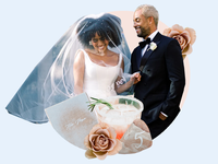 Bride and groom smiling with collage of wedding items around them