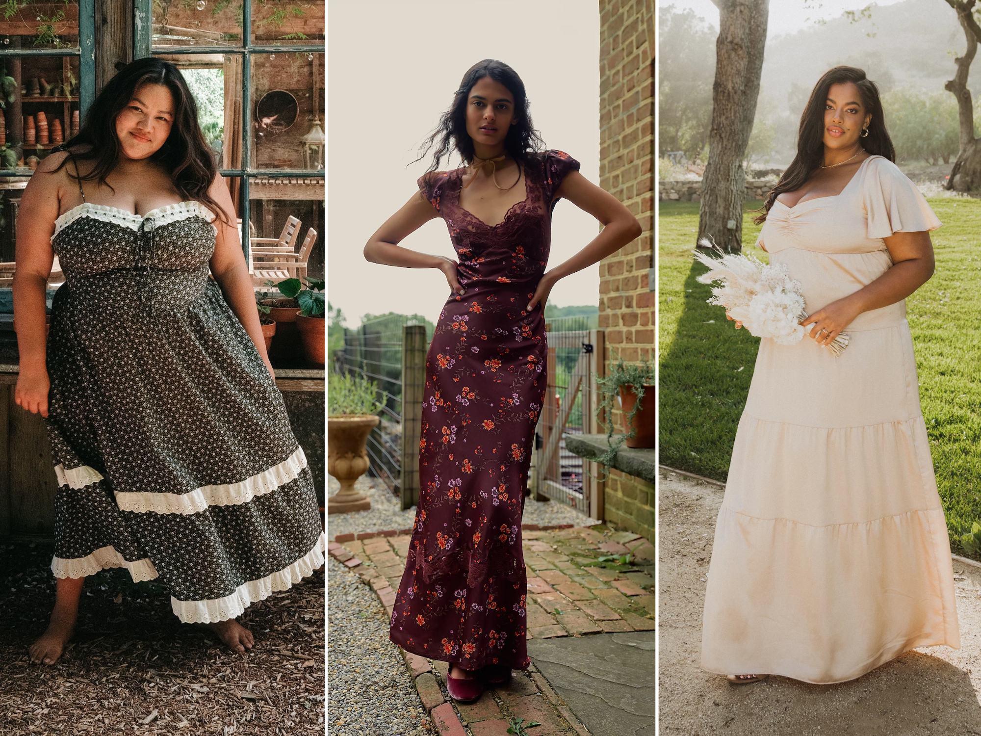 Collage of three cottagecore dresses to wear as a wedding guest or bridesmaid