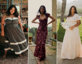 Collage of three cottagecore dresses to wear as a wedding guest or bridesmaid