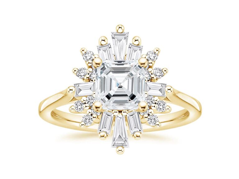brilliant earth asscher cut engagement ring with diamond center stone baguette and round diamond geometric halo and plain yellow gold band