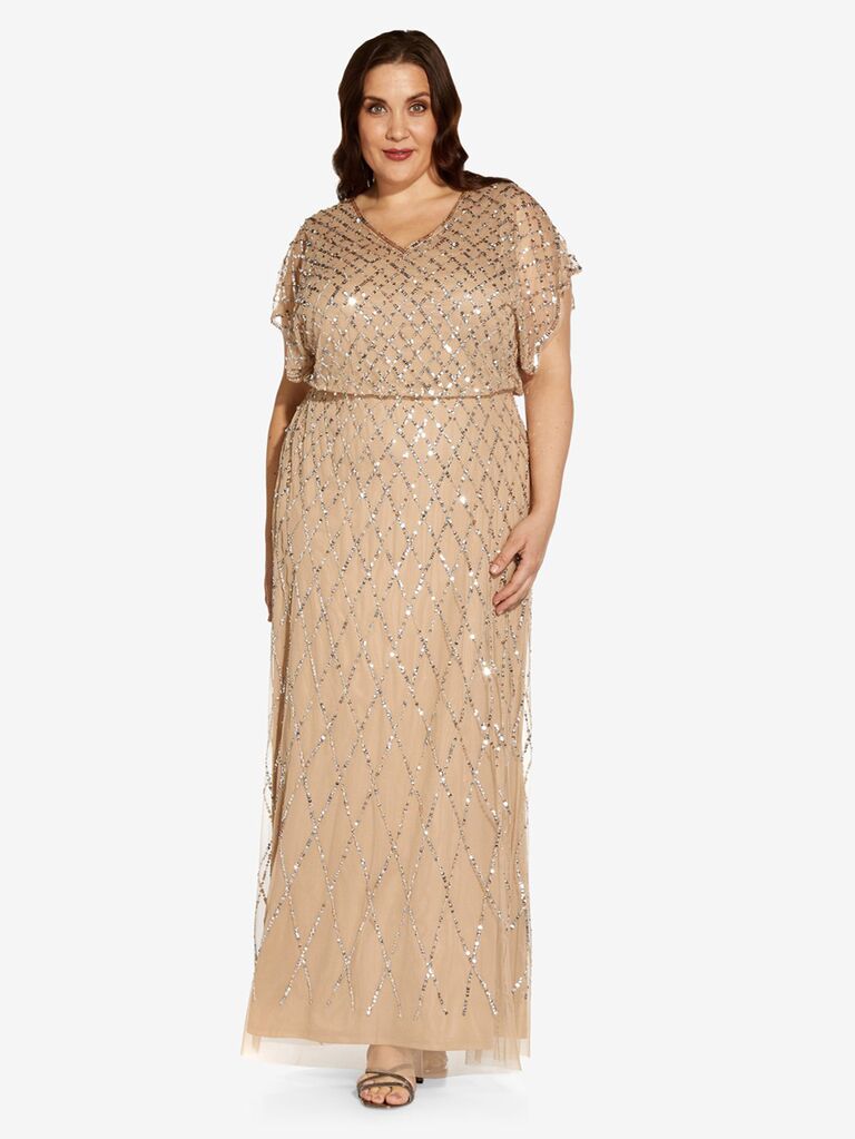 adrianna papell gold beaded bridesmaid dress with lattice sequins and v-neckline