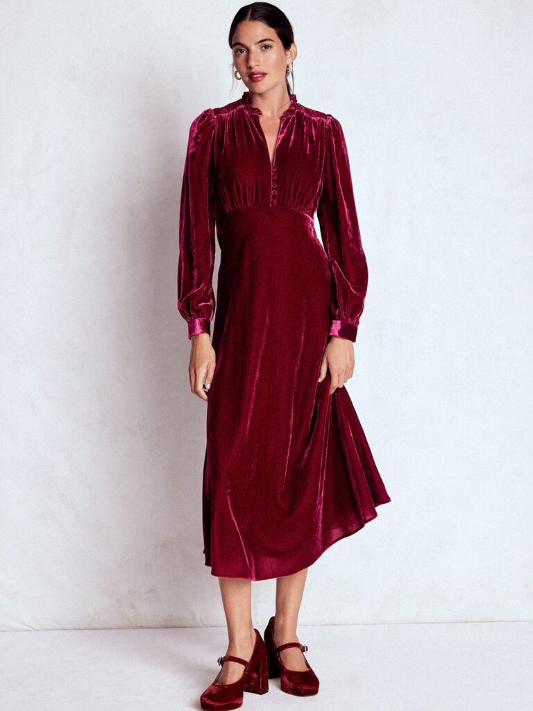 Boden velvet tea dress for petite wedding guests over 50