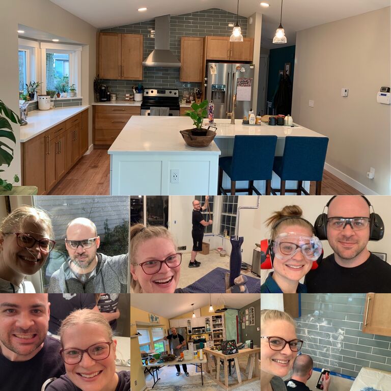 The Forced Remodel: Little did they know, their dishwasher would start a multi-year full house remodel and present an opportunity to see how these two would handle completing a large project. There was an unfortunate event with a dishwasher, which lead to two more dishwashers and ending with a leak damaging the whole house (thankfully, not their fault).
Candace and Logan created a vision for the home they wanted to have together when Logan one day moved in. With the help of Candace's dad, they rebuilt their home, floor-to-ceiling, literally. While many couples can't manage to put a piece of Ikea furniture together, these two were in sync through the whole process. When Candace would freak out because something wasn't going to plan, Logan would be the voice of reason and helped Candace through. When Logan was over thinking how to complete a task, Candace would encourage him to take a break and come back to it with a rested mind. It wasn’t always sunshine and laughter. Their minds work in very different ways which presented many obstacles resulting in frustration, arguments, and just plain annoyance with each other. But ultimately  they worked as a team, learning together.  It was clear they had a perfectly balanced partnership. Making up where the other was lacking. 
Every day they would smile, even when there were tears.
Their communication strengthened beyond what it already had been, and they found a new respect for each other. Taking pride in building their home with their own hands. Something that would have broken many couples, only made these two stronger. 