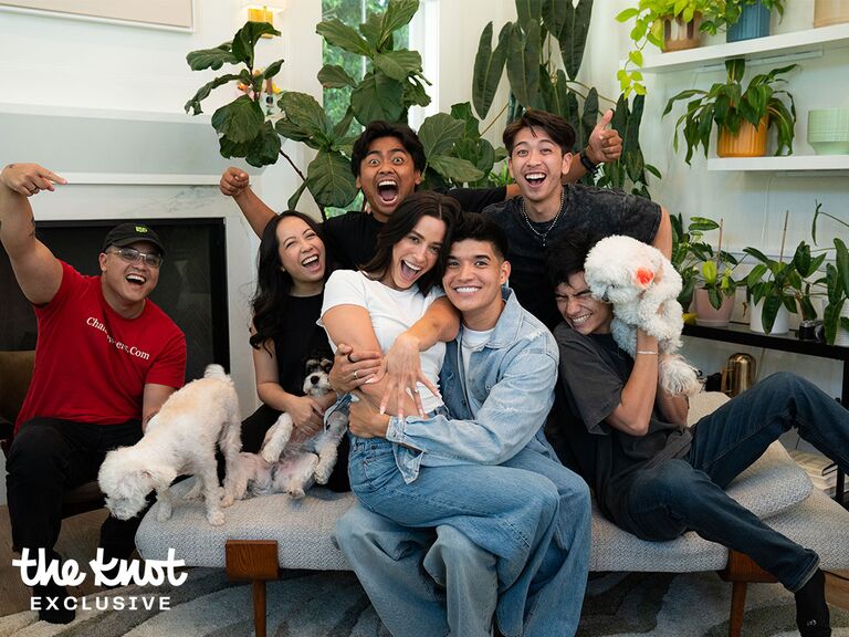Alexxis Lemire and Alex Wassabi with their friends after getting engaged
