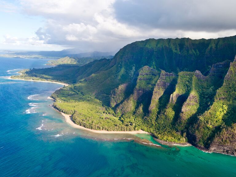 An aerial view of the Na Pali Coast in Kauai, Hawaii