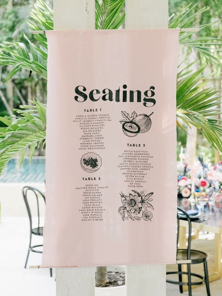 linen seating chart with tropical illustrations