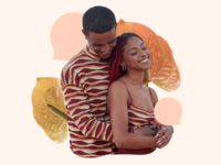 Photo of couple embracing overlayed on artistic graphic 