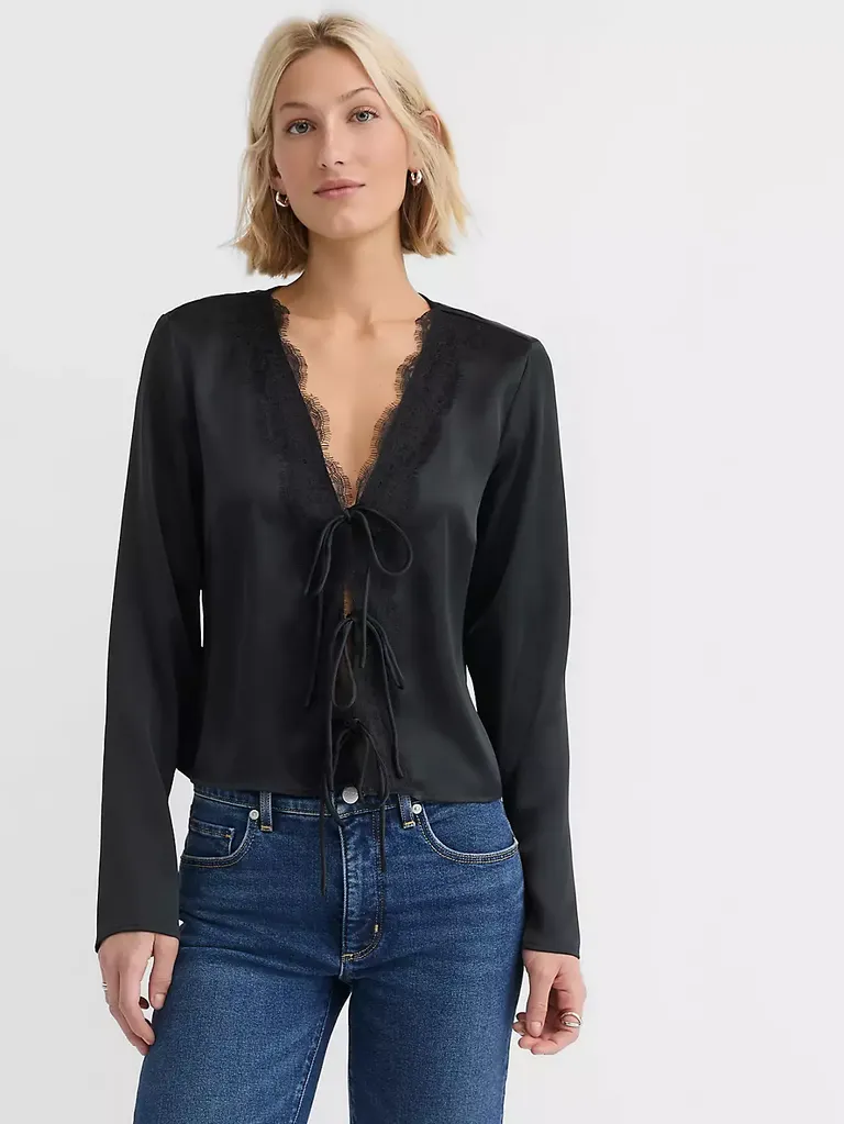 Black satin long sleeve outfits for rehearsal dinner from LOFT