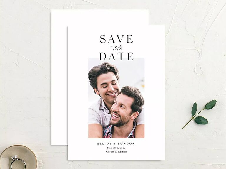Simple design with personalized photo and 'Save the Date' in simple black type on white background