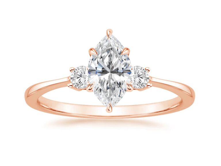 brilliant earth 14k rose gold marquise diamond engagement ring with three stones and rose gold band