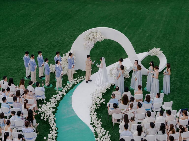 Aerial view of outdoor wedding ceremony