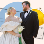 wedding budget breakdown collage with check, purse, bride, groom