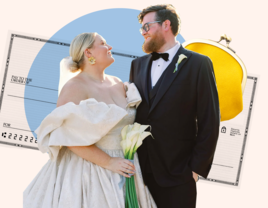 wedding budget breakdown collage with check, purse, bride, groom