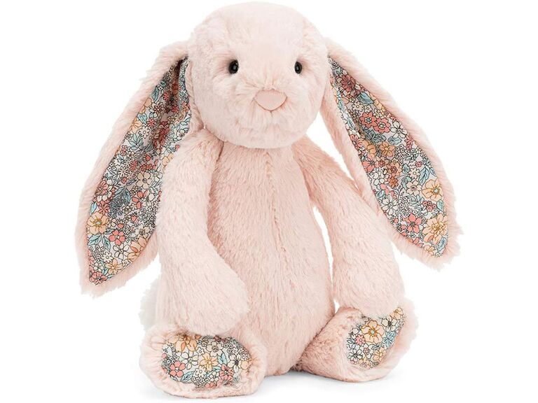 Pink fuzzy stuffed animal bunny with floral ears kid's wedding party gift idea