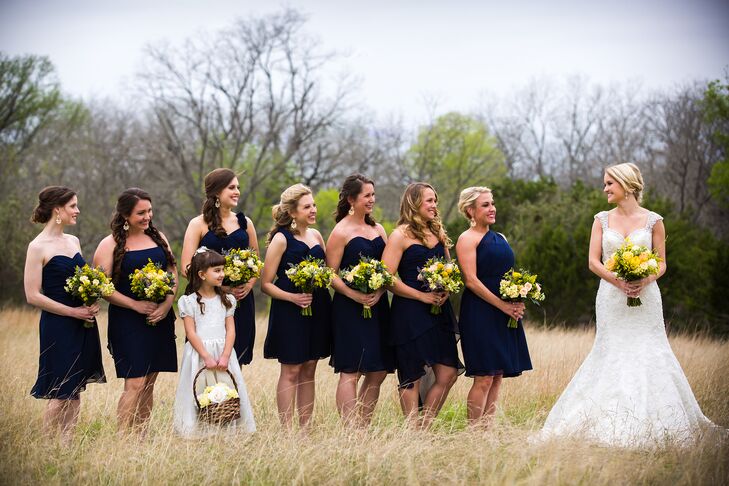 navy blue and yellow bridesmaid dresses