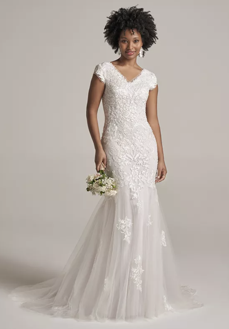 Lace Fit and Flare Wedding Dress with Cap Sleeves and Low Back - I
