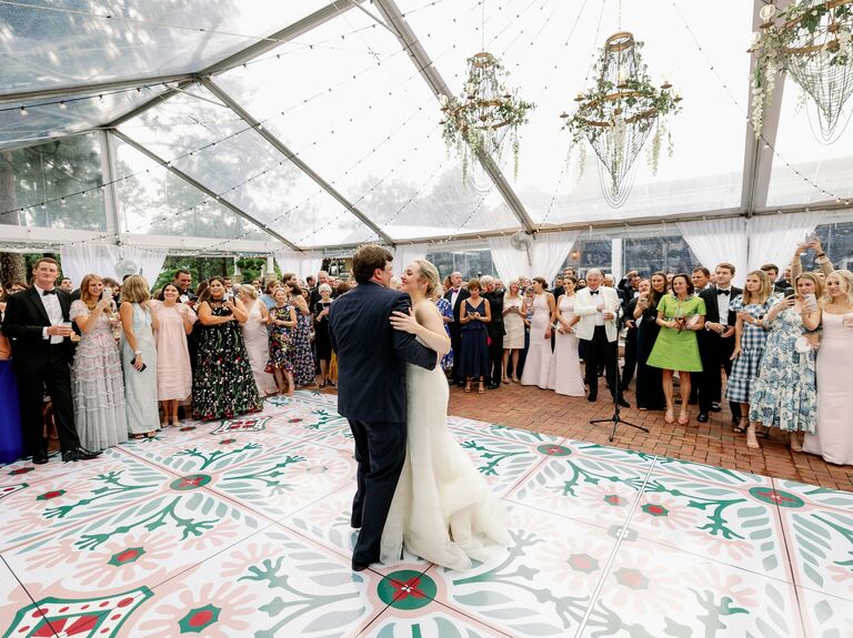 Patterned dance floor tile idea for personalized wedding. 