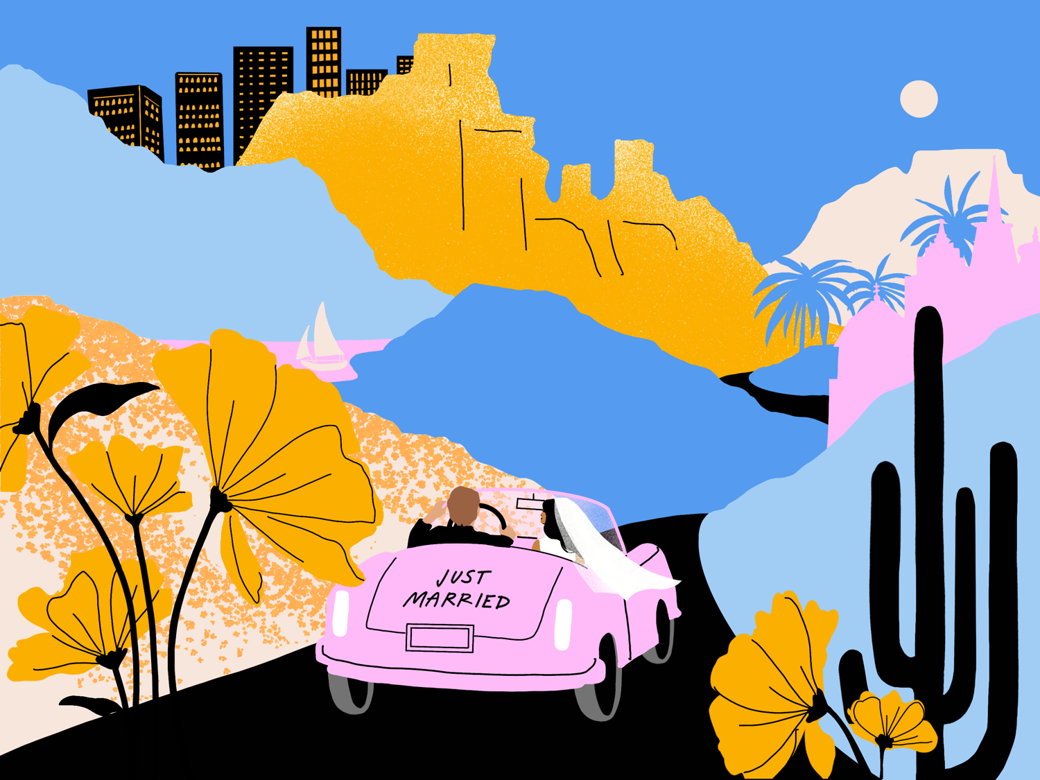 Illustration of couple driving to their honeymoon