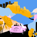 Illustration of couple driving to their honeymoon