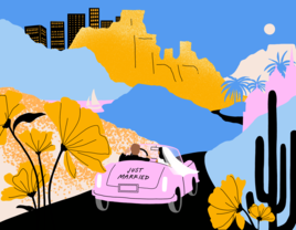 Illustration of couple driving to their honeymoon