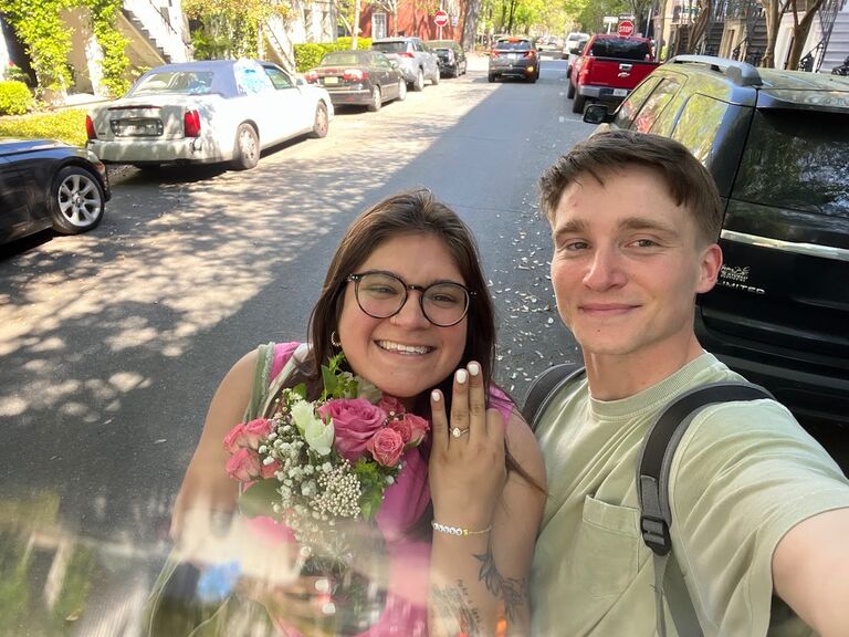 WE GOT ENGAGED BABY!
In one of our favorite places, Forsyth park, Charles surprised me with a charcuterie board of all my favorite things even jenis ice cream! Oh and my fake nail popped off right before he got on one knee. AYO!