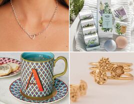 Four wedding shower host and hostess gifts: a heart necklace, bath bombs, a birth flower ring, and a monogram mug 