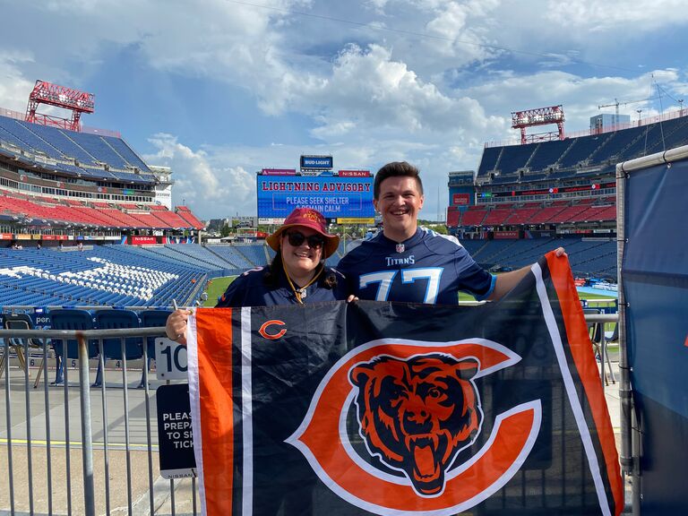 KJ and Jared posing before the Bears and Titans faced off in their 2021 Preseason Game