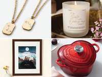 Collage of wedding gifts for sister: matching necklaces, personalized candle, heart-shaped Dutch oven, custom collage print
