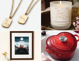 Collage of wedding gifts for sister: matching necklaces, personalized candle, heart-shaped Dutch oven, custom collage print