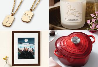 Collage of wedding gifts for sister: matching necklaces, personalized candle, heart-shaped Dutch oven, custom collage print