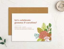 Invitation with autumn hues, brown text and a boquet design