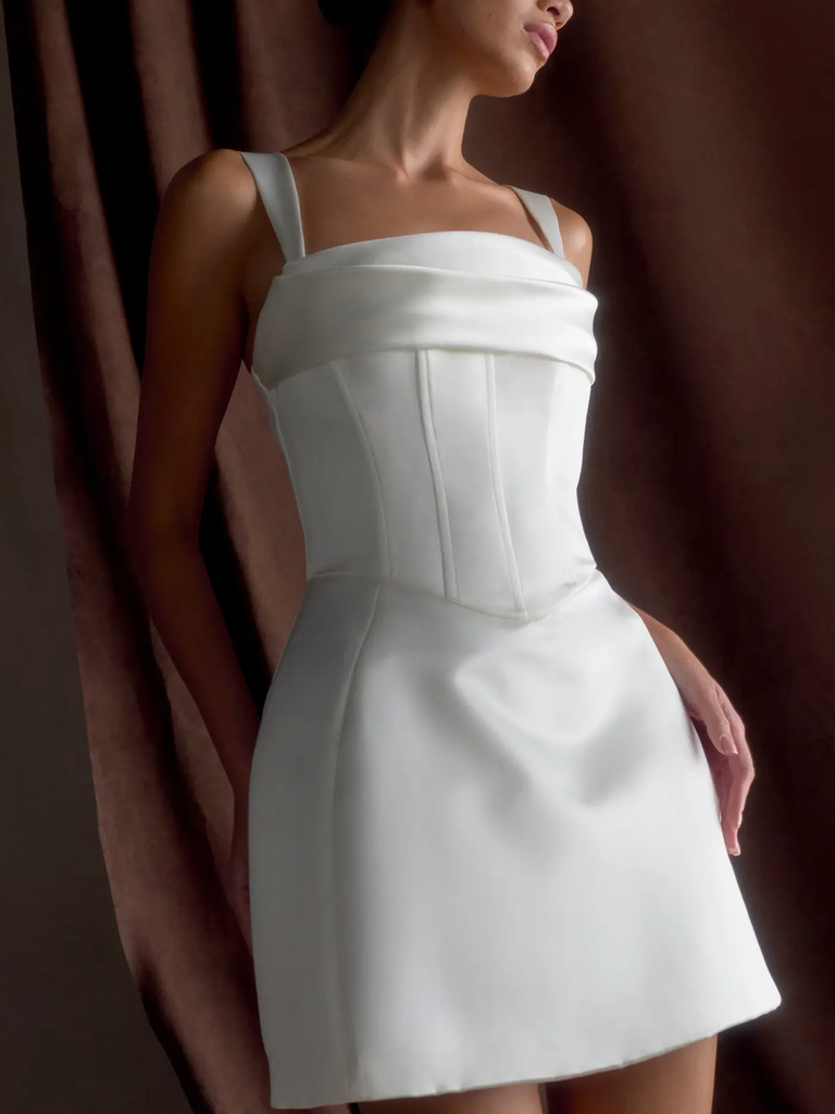 White satin corset short wedding dress from Meshki