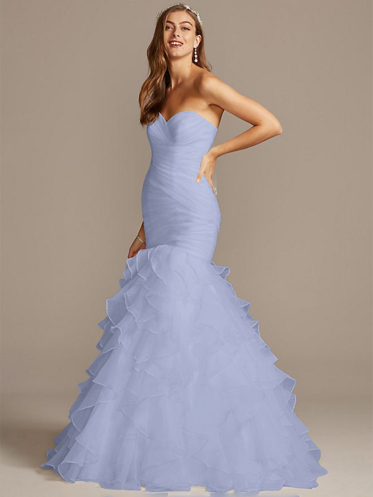 Strapless mermaid gown with ruffle skirt in blue