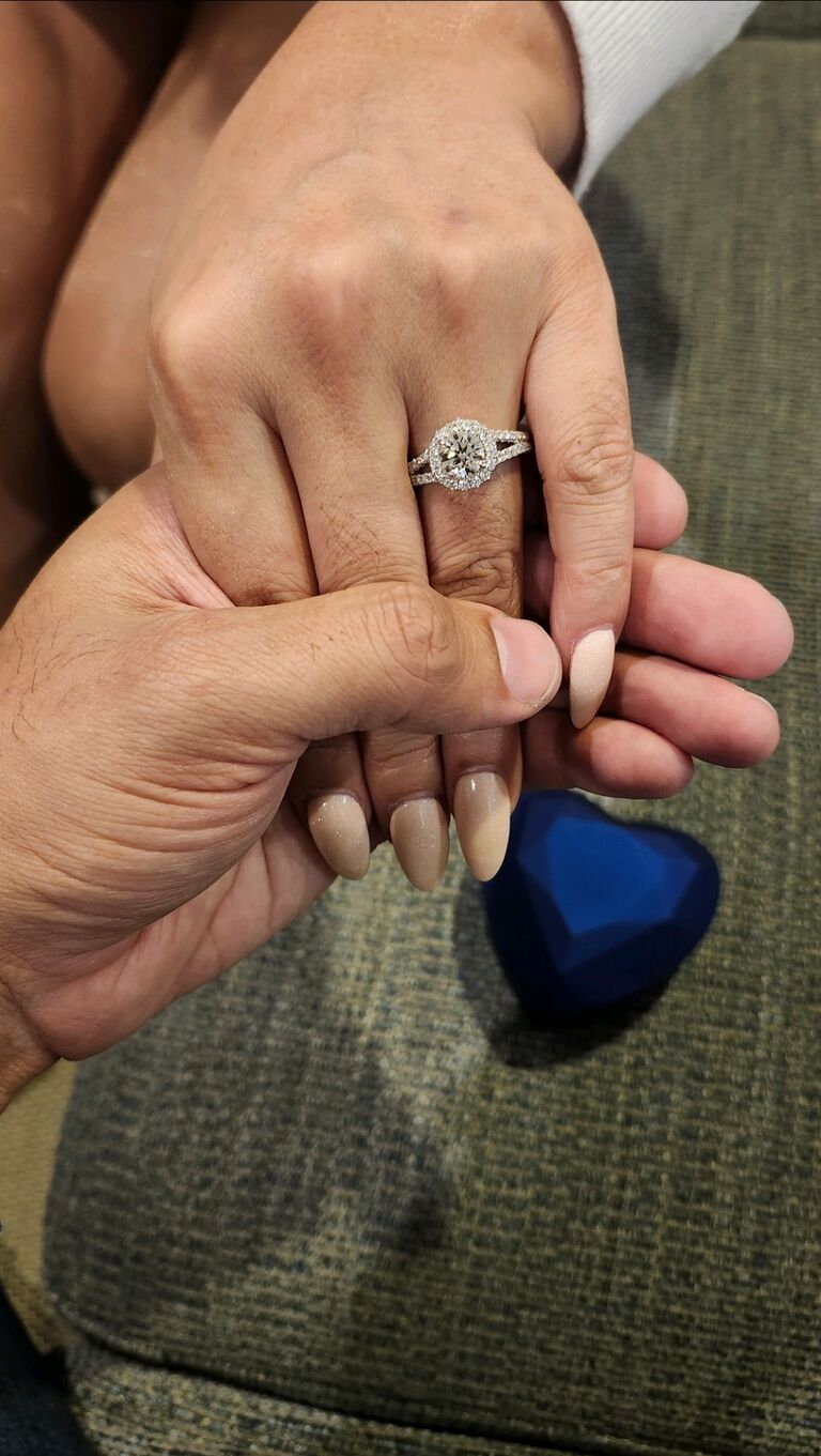 A week later than expected (getting the flu for the first time before my plan to propose) but there was no better hand for my ring to be on. A beautiful ring on an even more beautiful woman