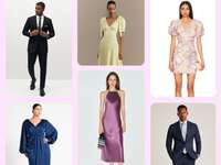 Collage of cocktail attire wedding guest outfit ideas for men and women