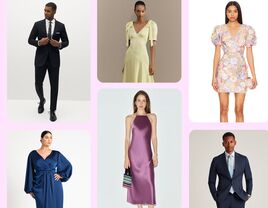 Collage of cocktail attire wedding guest outfit ideas for men and women