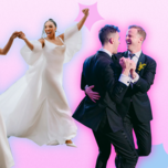 Two wedding couples dancing on custom graphic background