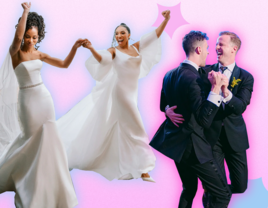 Two wedding couples dancing on custom graphic background