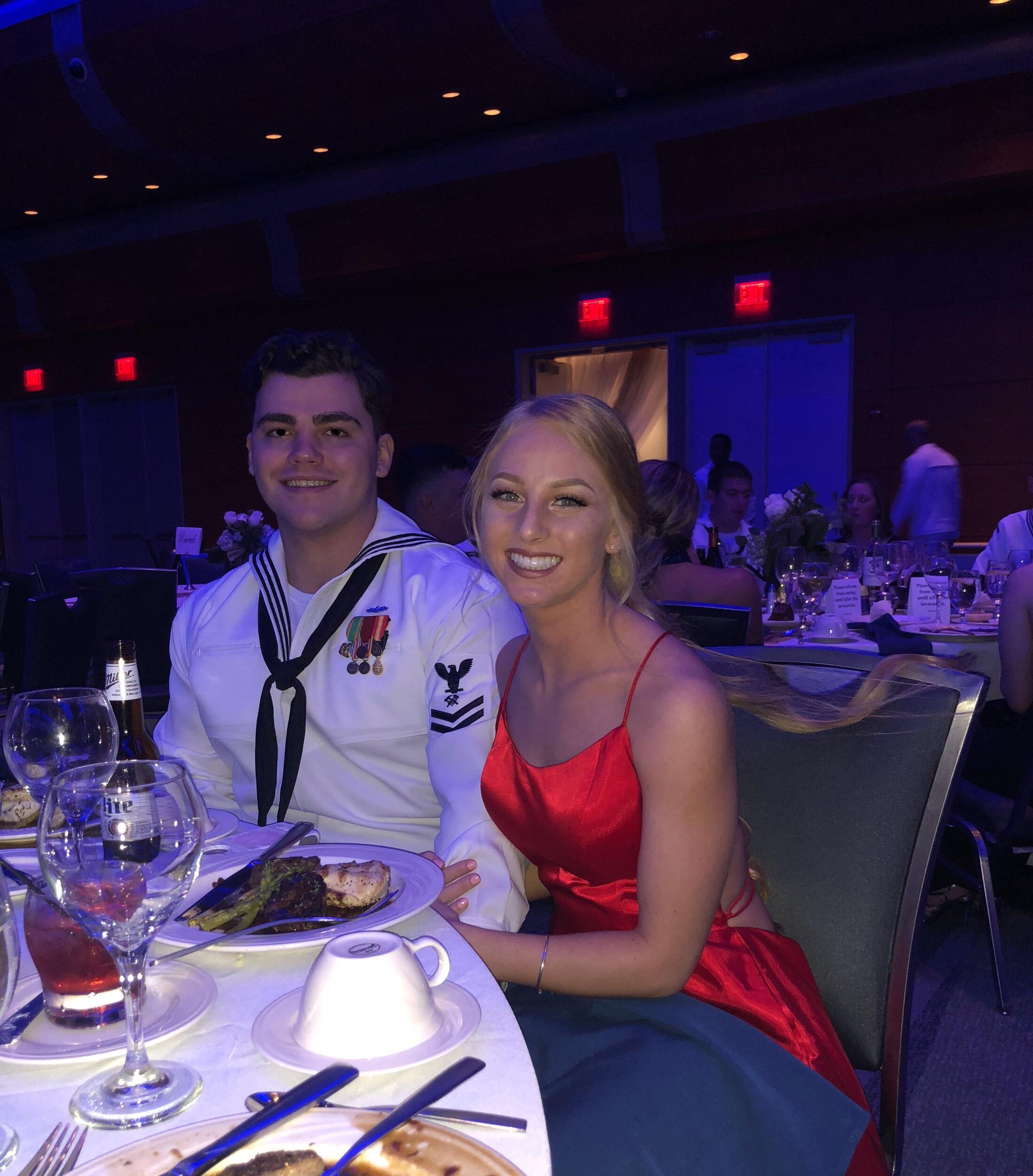 Celeste and TJ's second Navy Ball in Virginia Beach. He currently lived in Chesapeake, Virginia and this photo was taken when he was a Second Class Petty Officer. Her mom helped her so much with the formal dresses she had every event, especially this one, as the dress was one fabric cut that wrapped many times around. This made the hem more difficult than other dress styles.