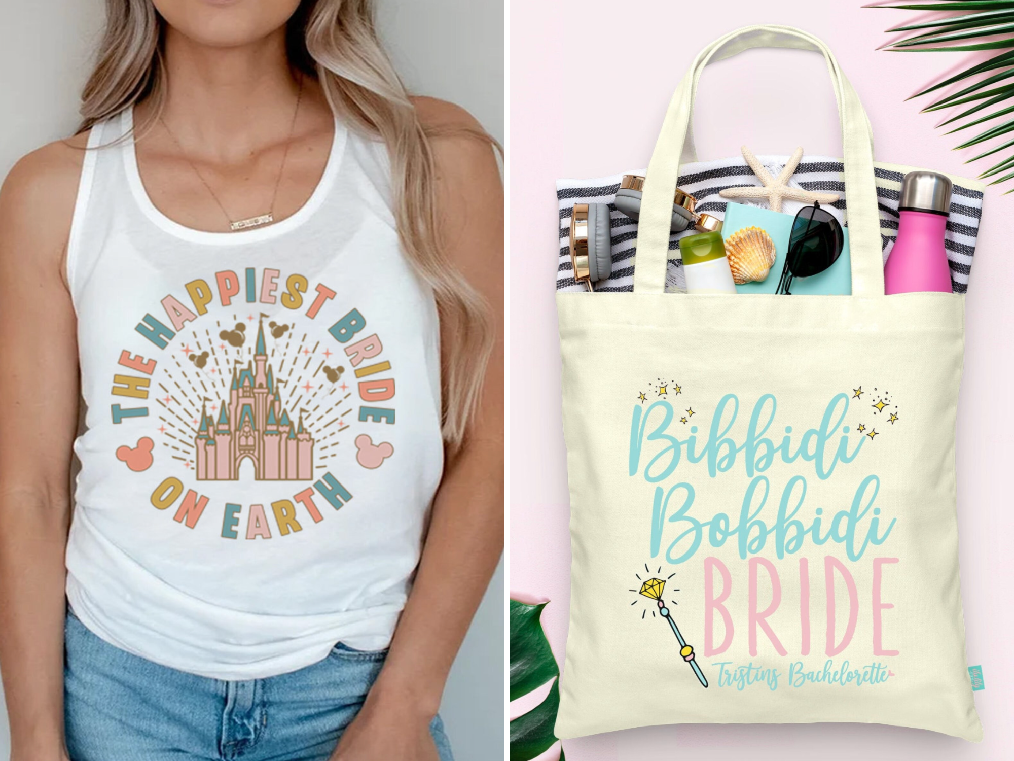 Disney bachelorette party supplies including tank top and tote bag