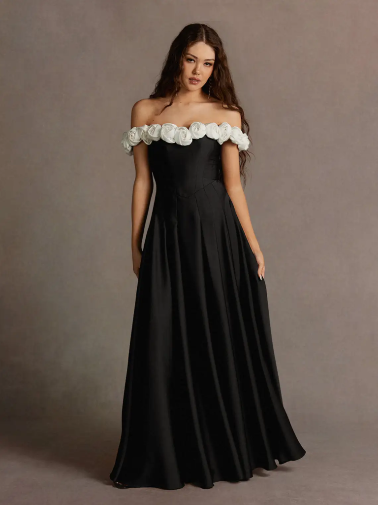 Azazie Atelier black Halloween wedding dress with white roses