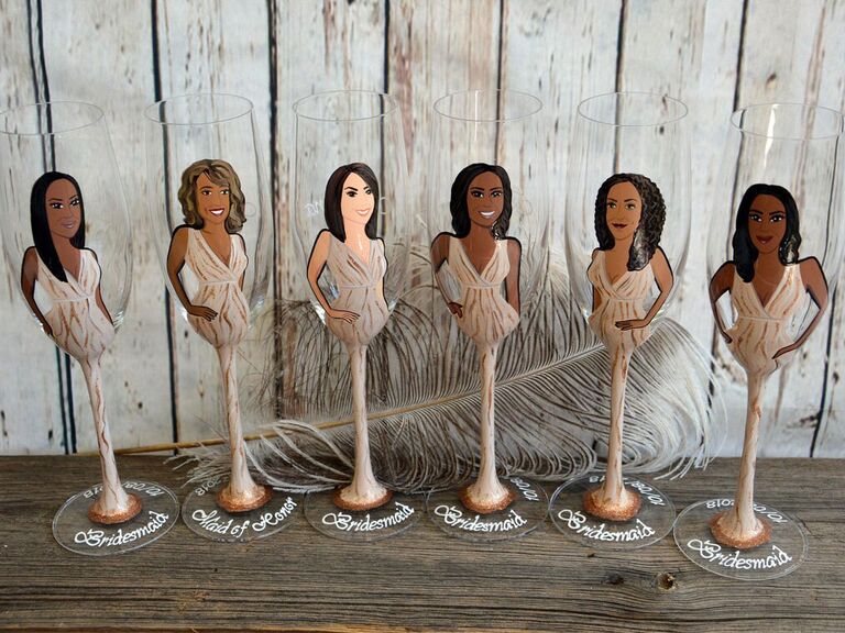 Custom painted champagne flute bridesmaid portraits gift for bridal party on wedding day
