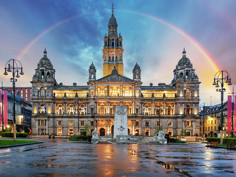 Rainbow over Glasgow City Chambers and George Square, Scotland 