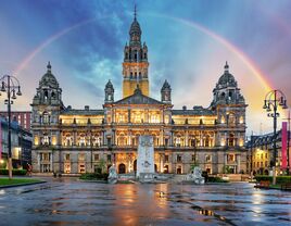 Rainbow over Glasgow City Chambers and George Square, Scotland 