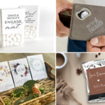 Collage of four engagement party favor ideas, including mints, coasters, coffee bags, and flower seeds