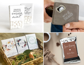 Collage of four engagement party favor ideas, including mints, coasters, coffee bags, and flower seeds